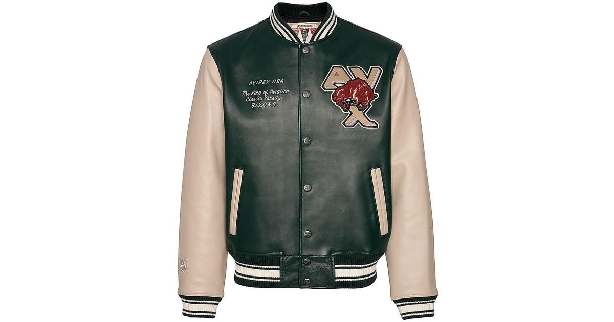 Avirex Bisons Leather Varsity Jacket in Green for Men