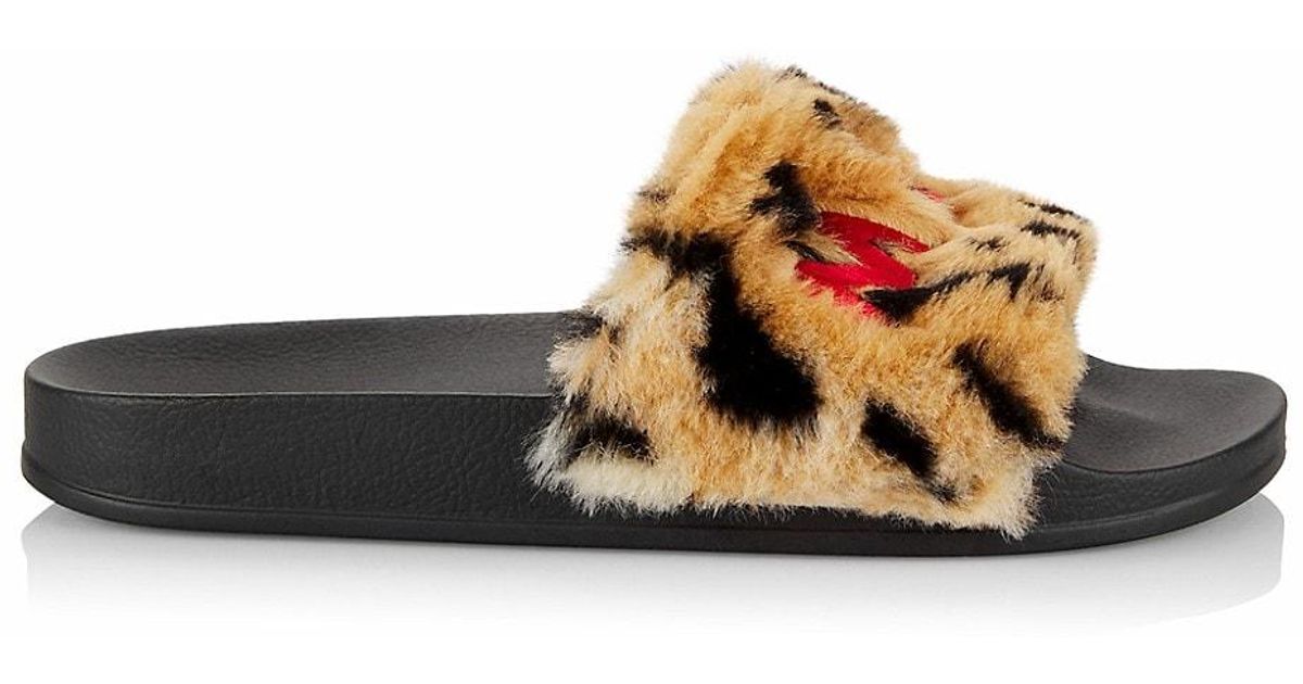 Marni Logo Leopard Faux Fur Pool Slides in Brown | Lyst