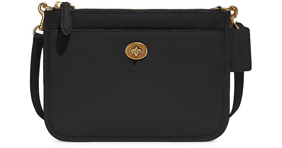 COACH Polished Pebble Leather Slim Turnlock Crossbody Bag in Black Lyst