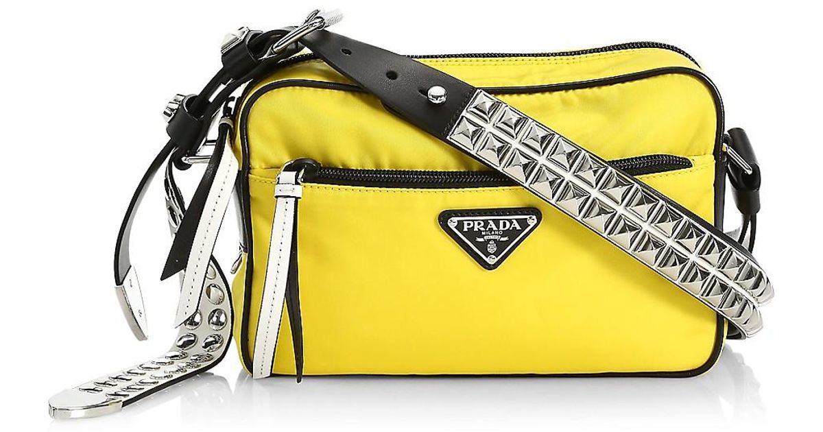 Prada Synthetic Vela Nylon Studded Shoulder Bag in Yellow | Lyst