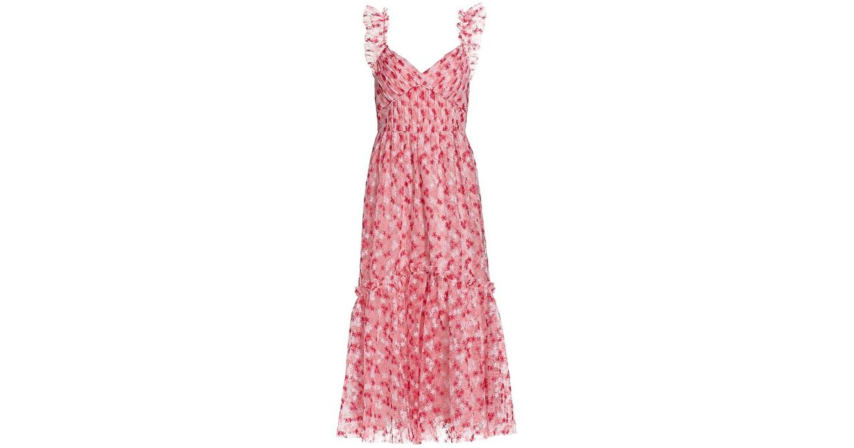 ML Monique Lhuillier Synthetic Floral Embroidered Mesh Midi Dress in Pink - Lyst