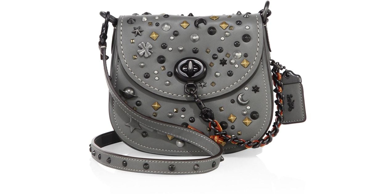 Lyst Coach Stardust Studded Leather Saddle Bag In Gray