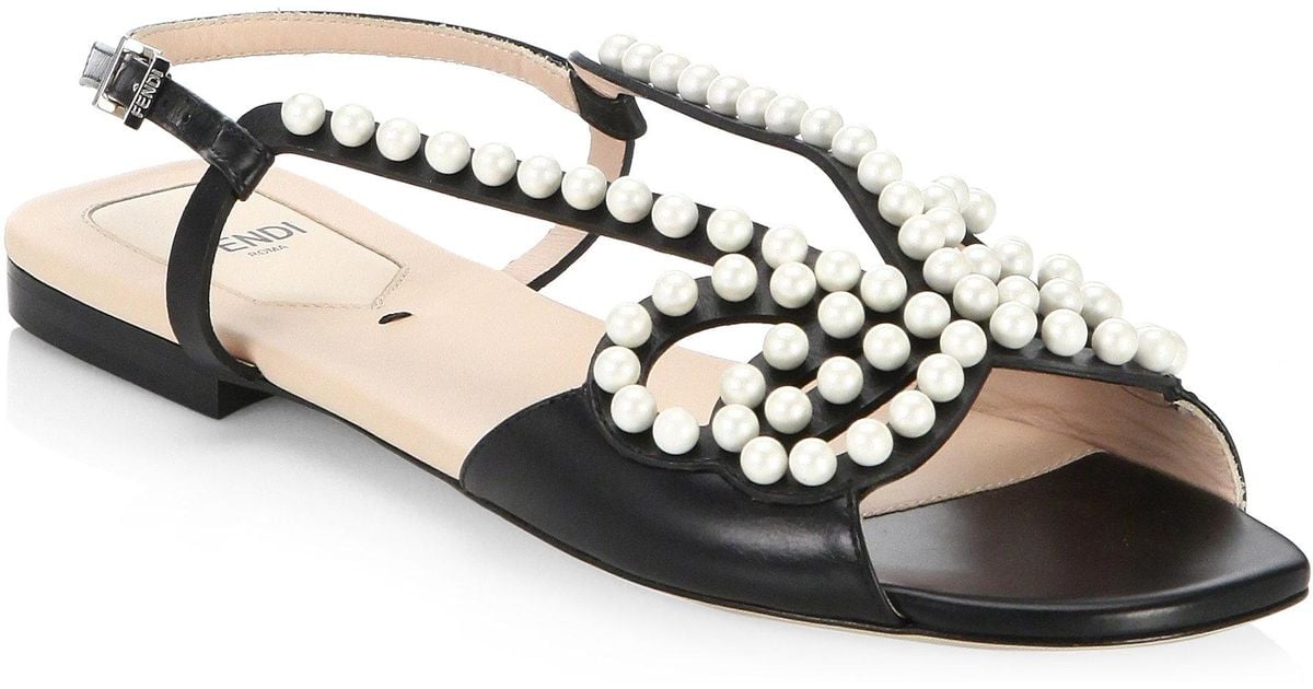 Fendi Leather Pearl Studded Bow Sandals 