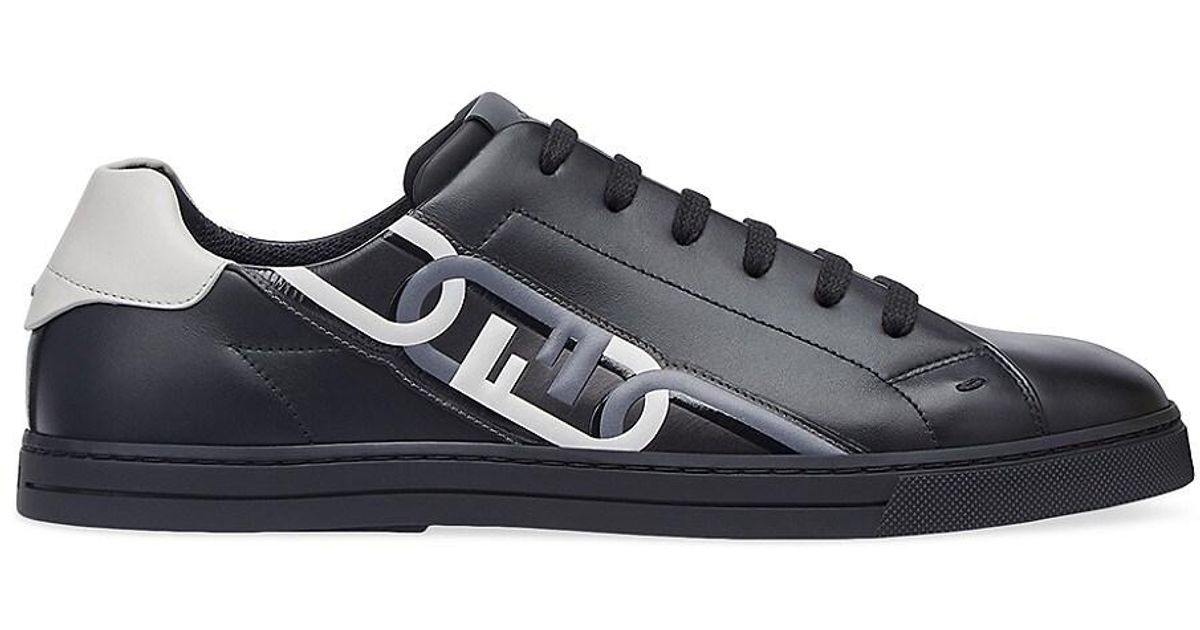 Fendi Flow Vitello Leather & Tonal Logo Jacquard Sneakers in Black ...