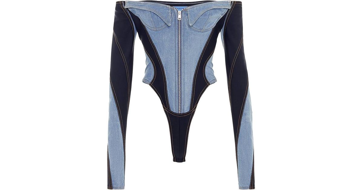 Mugler Offtheshoulder Denim Bodysuit in Blue Lyst
