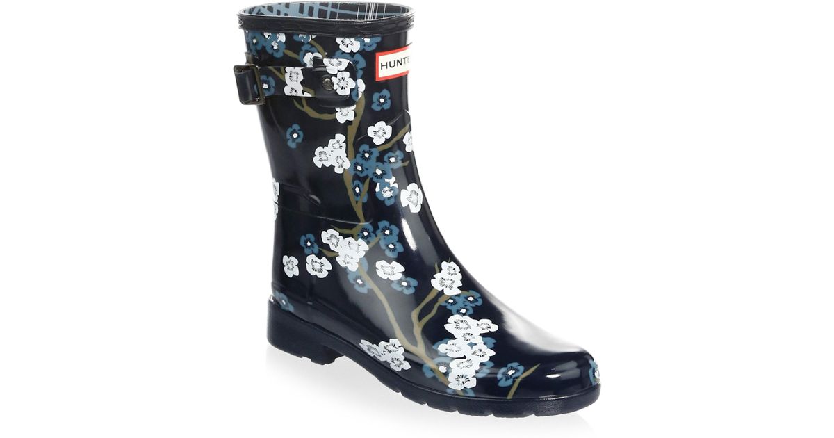 HUNTER Floral Rubber Rain Boots in Navy 
