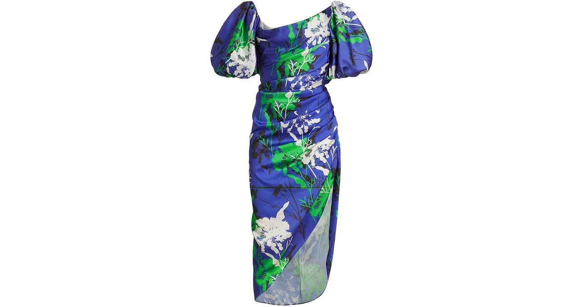 Prabal Gurung Floral Puff-sleeve Midi-dress in Blue | Lyst