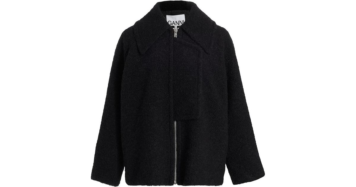 Ganni Boucle Wool Blend Jacket in Black | Lyst