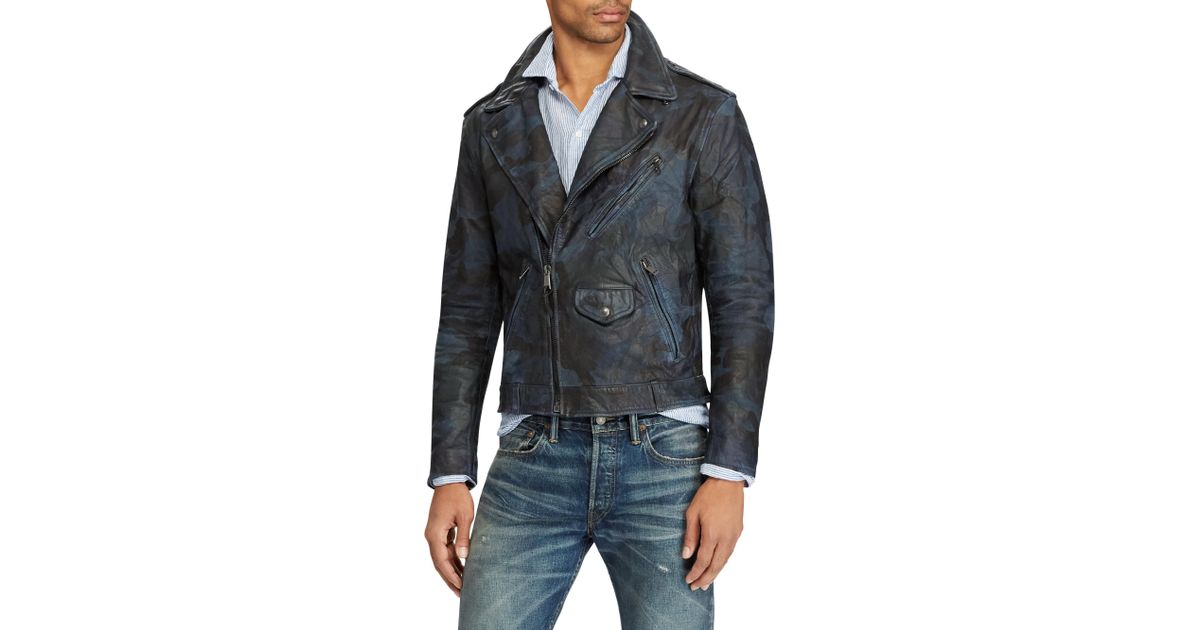 Polo Ralph Lauren Blue Camo Leather Biker Jacket For Men