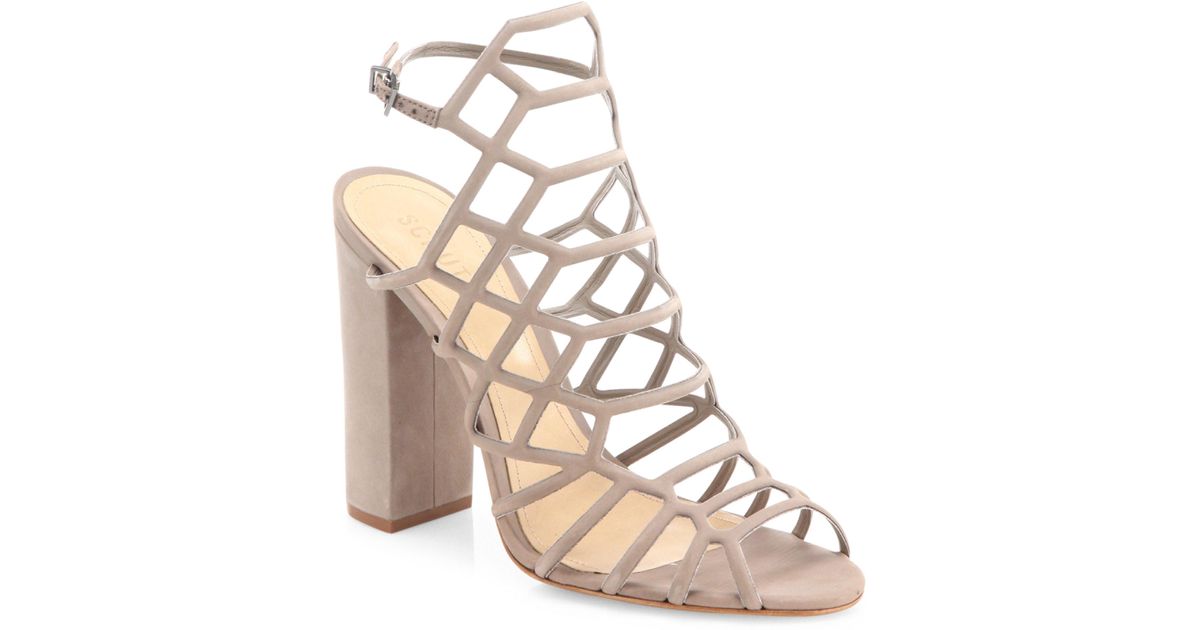 Schutz Jaden Caged Suede Block Heel Sandals in Natural - Lyst