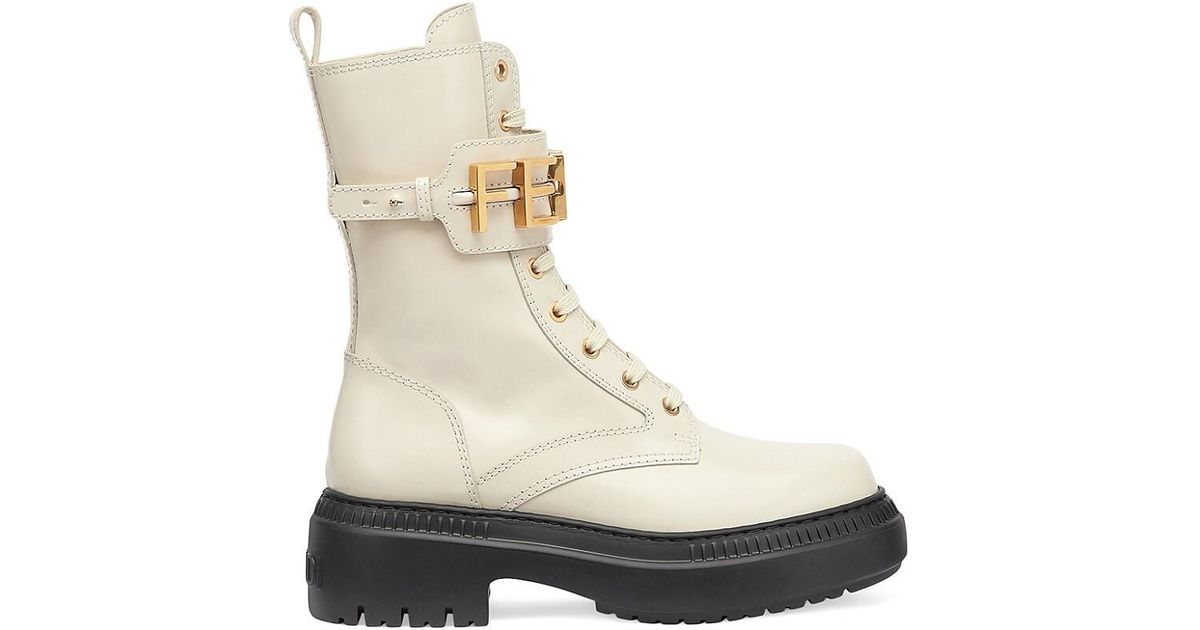 Fendi Logo Leather Lug-sole Combat Boots in White | Lyst