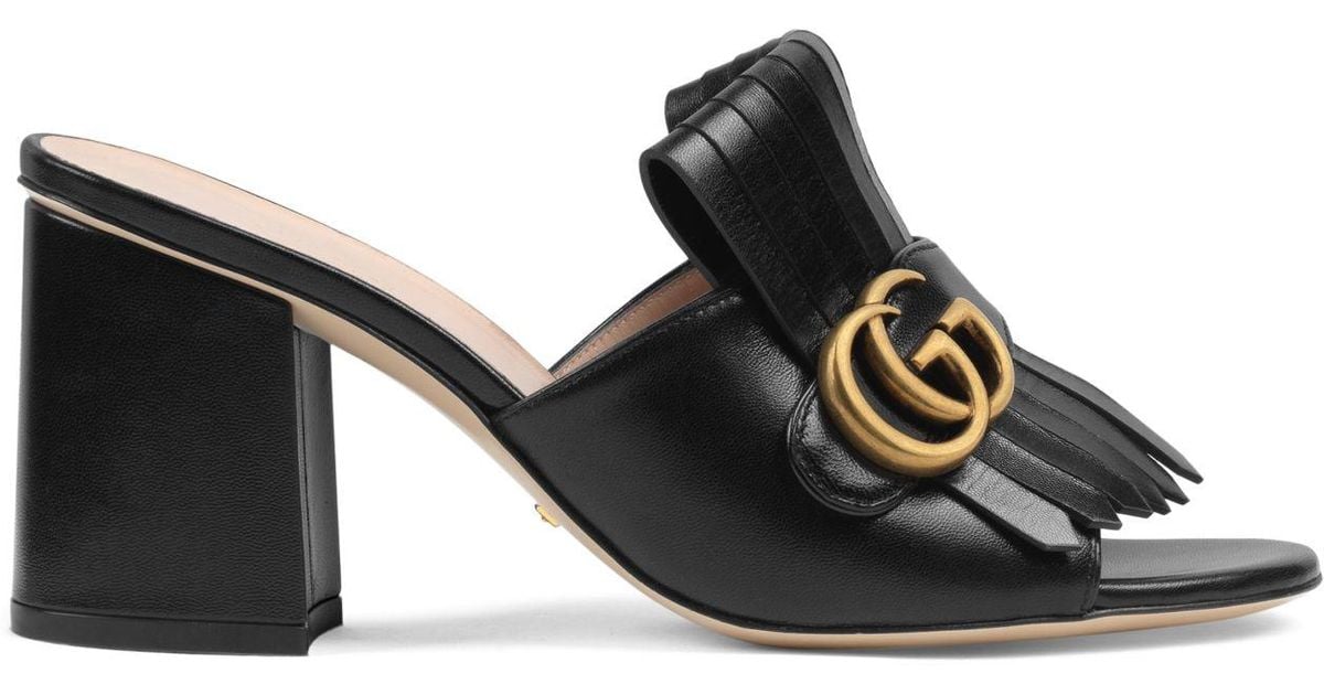 Gucci Leather GG Marmont Slide Heeled Sandals in Black - Lyst