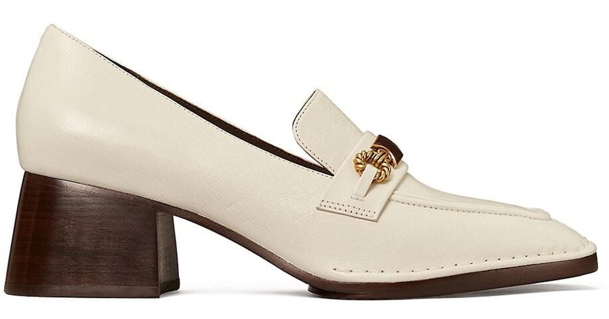Tory Burch Perrine Leather Logo Heeled Loafers in White Lyst