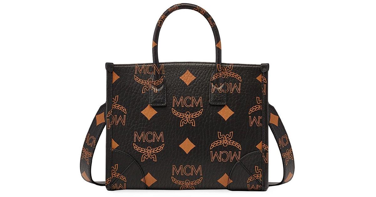 MCM Small Munchen Maxi Monogram Tote Bag in Black | Lyst