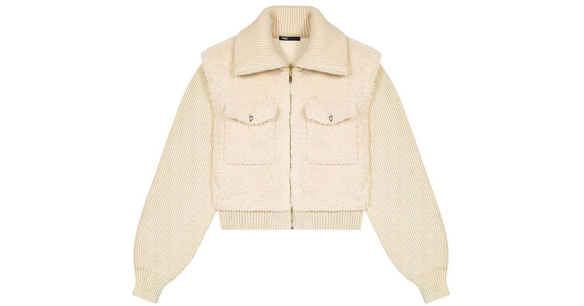 Maje Belio Faux Fur & Knit Jacket in Natural Lyst