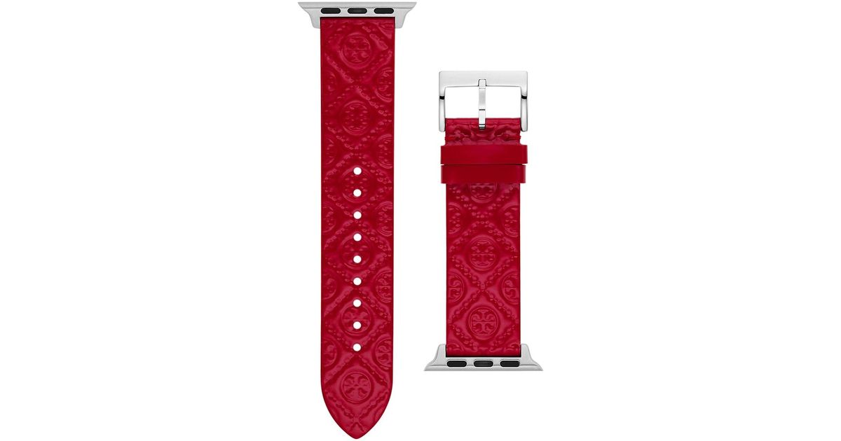 Tory burch t monogram patent leather apple watch strap in red lyst