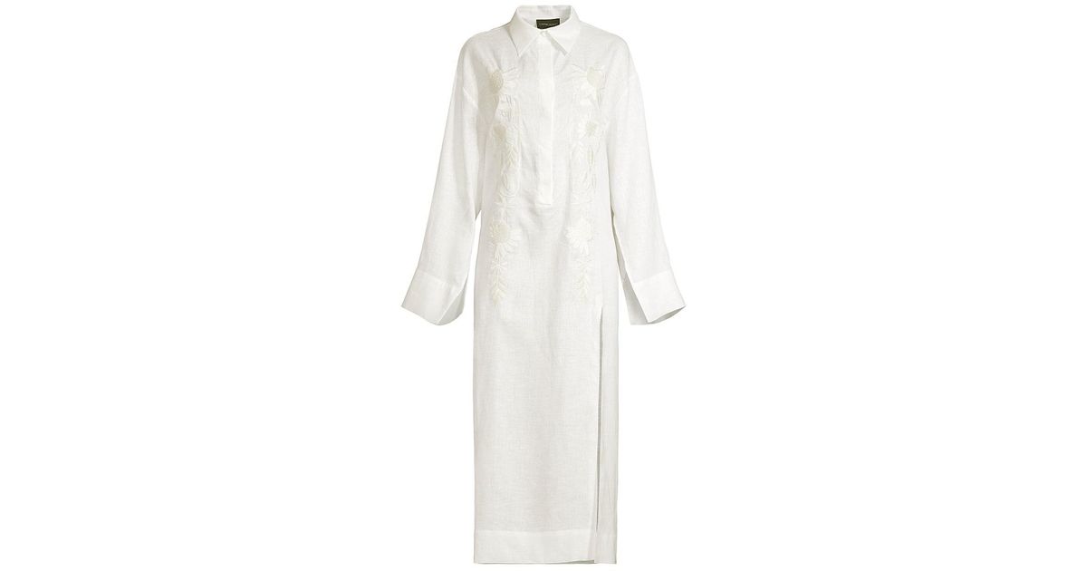 Cynthia Rowley Floral Embroidered Hemp Long Shirtdress in White | Lyst