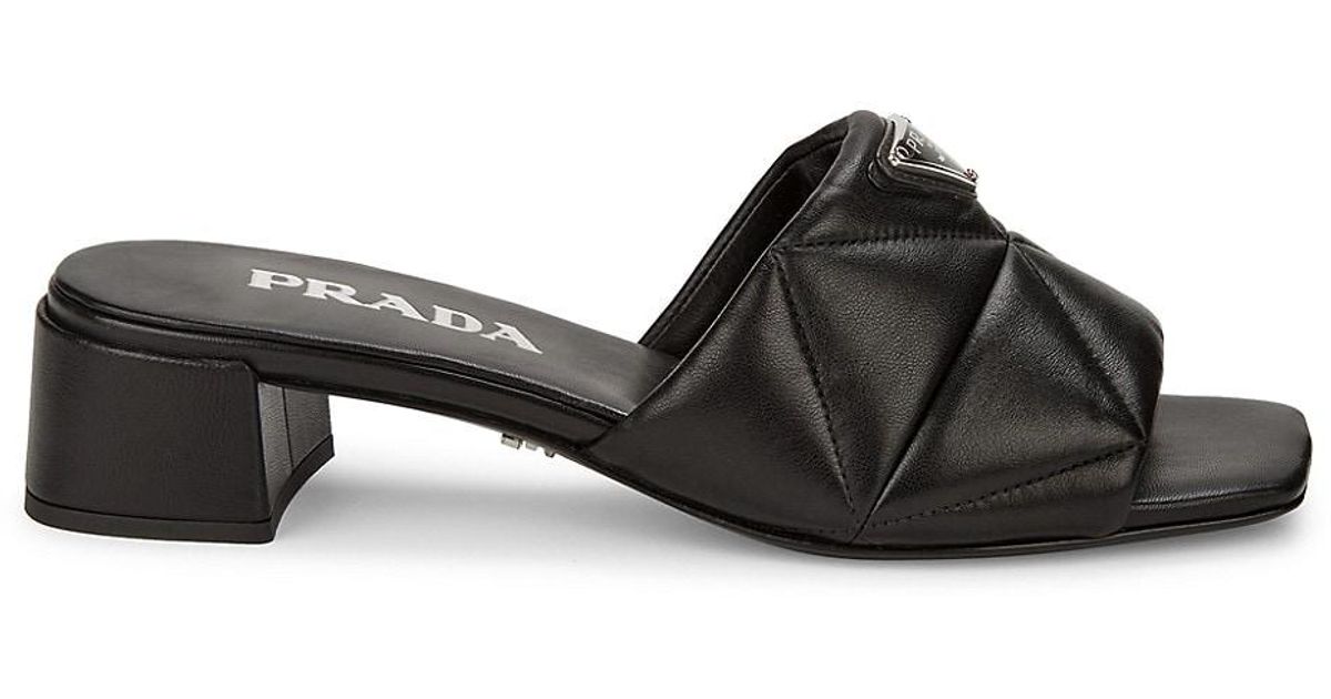 Prada Quilted Leather Block Heel Slides in Black Lyst