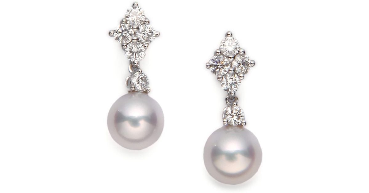 Mikimoto 7 5mm White Cultured Akoya Pearl Diamond 18k Gold Mikimoto 7 5mm White Cultured Akoya Pearl Diamond 18k Gold Drop Earrings In Lyst