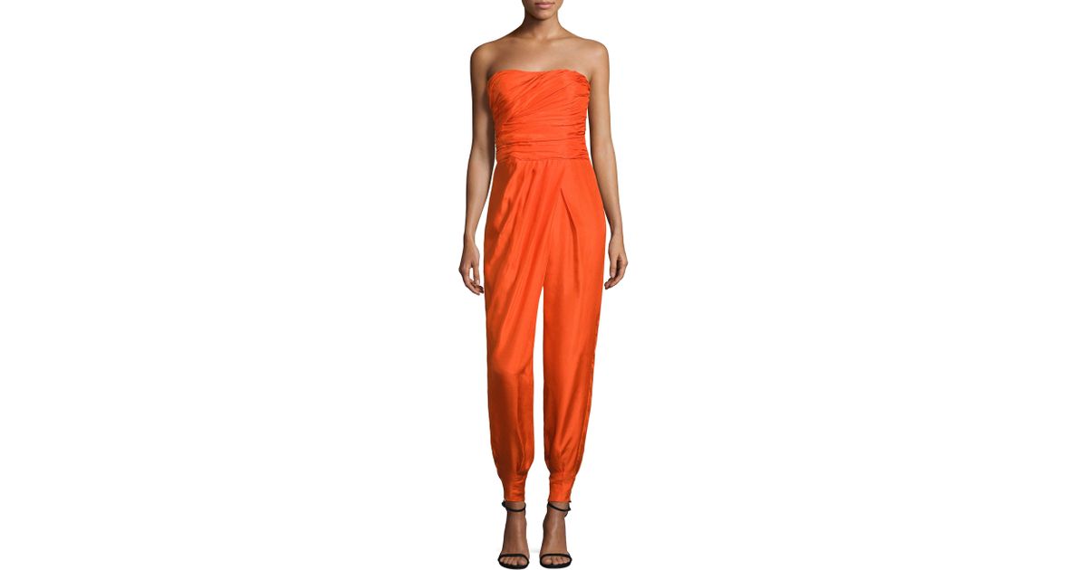 Polo Ralph Lauren Strapless Silk Jumpsuit in Orange | Lyst
