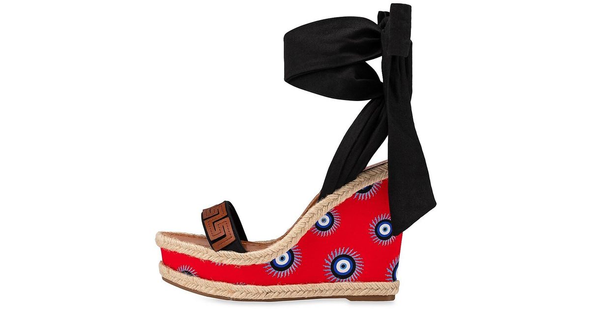 Christian Louboutin Silk Athina Des Cyclades Evil Eye 120 Wedge Sandals