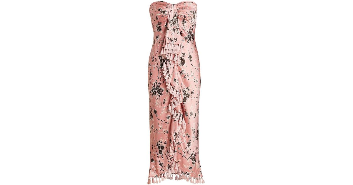 Cinq À Sept Satin Wildflower Elise Strapless Midi-dress in Pink | Lyst