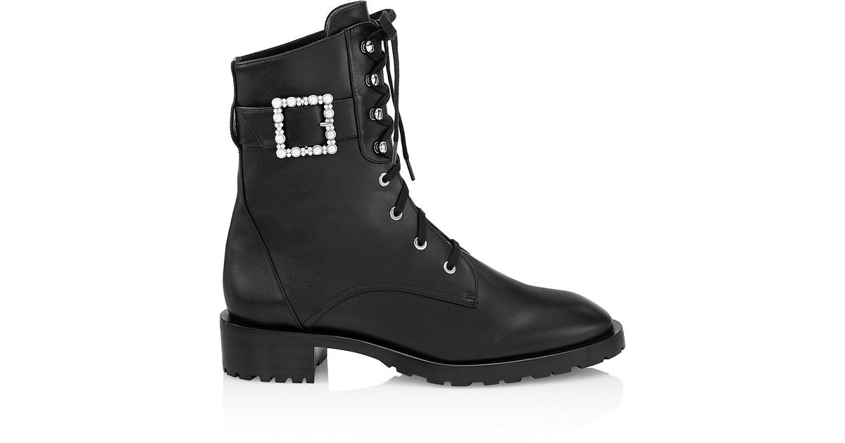 Stuart Weitzman Faux Pearl Buckle Leather Booties in Black | Lyst