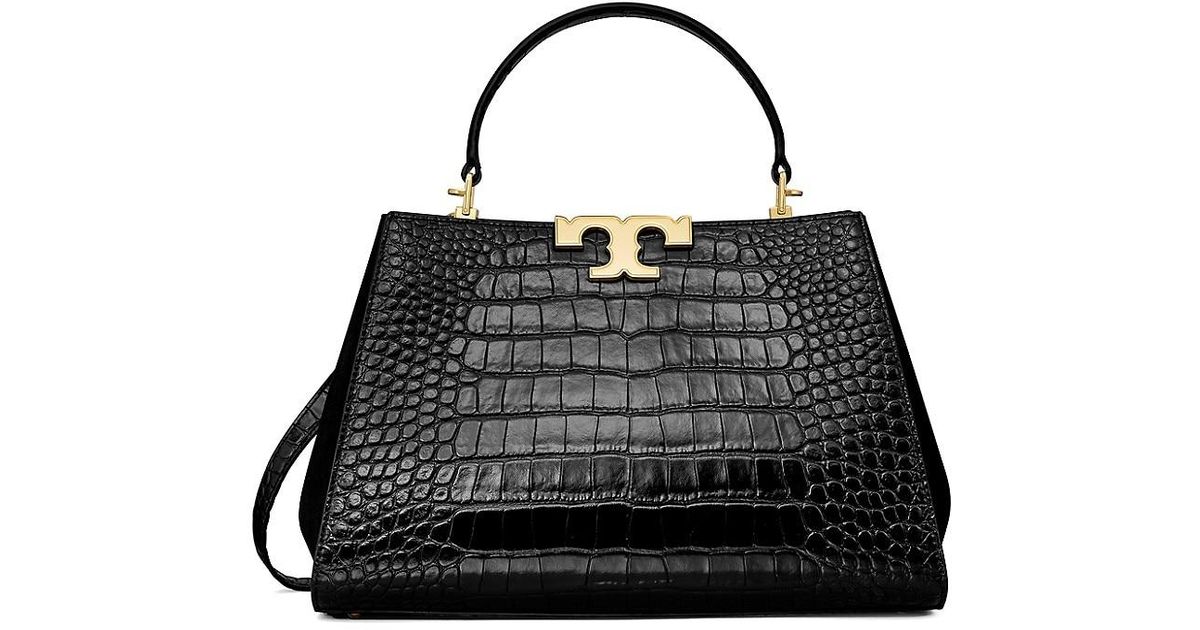 Tory Burch Eleanor Croc Embossed Leather Satchel Bag In Black Lyst