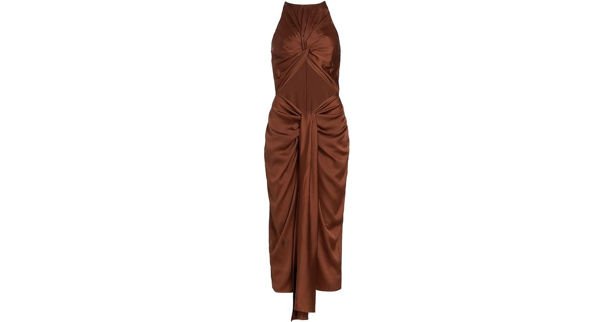 Andrea Iyamah Reni Satin Midi-dress in Brown | Lyst