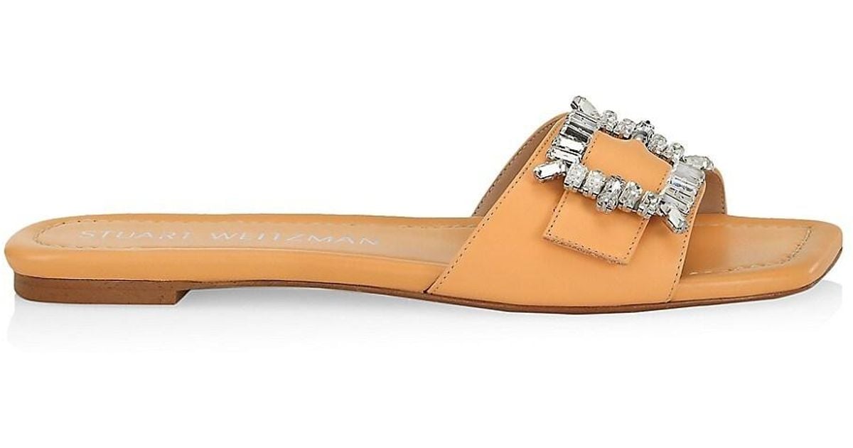 Stuart Weitzman Suede Shine Crystalembellished Buckle Slides in Pink