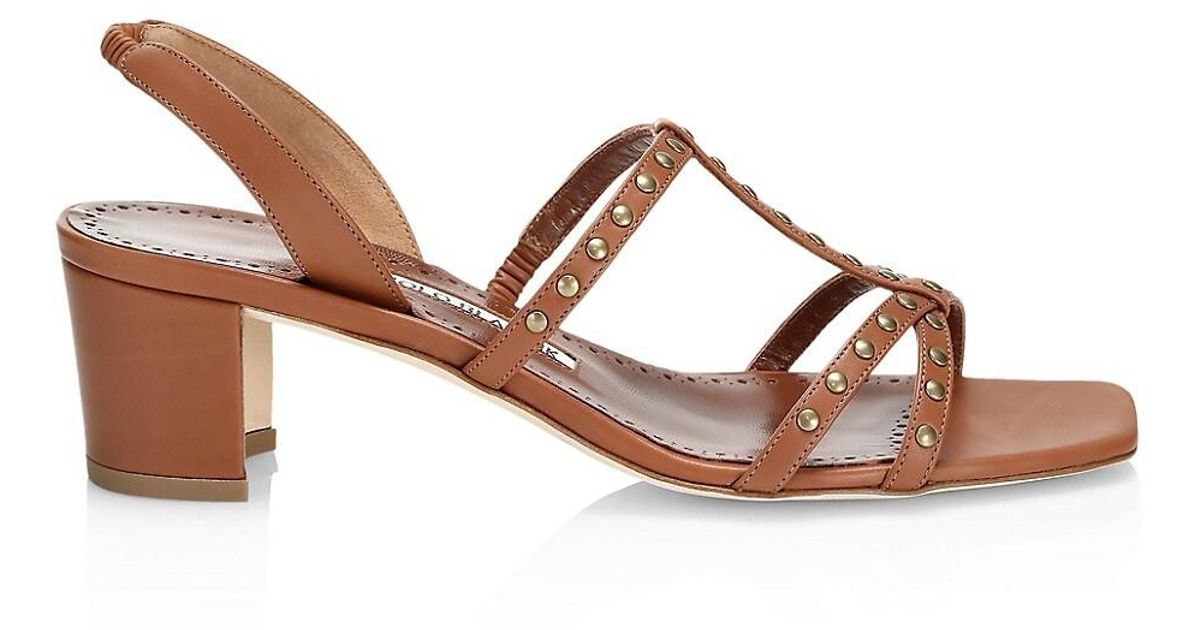 Manolo Blahnik Luce Leather Studded Sandals in Brown - Lyst