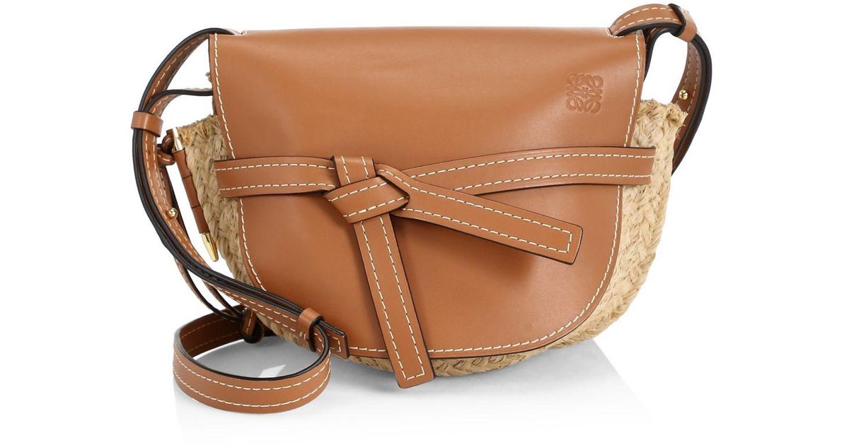 Loewe Gate Mini Leather And Woven Raffia Shoulder Bag in Tan (Brown) Lyst