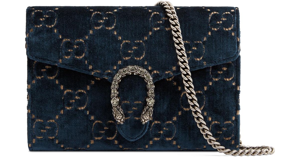 Gucci Mini Dionysus Velvet Chain Wallet in Blue - Lyst
