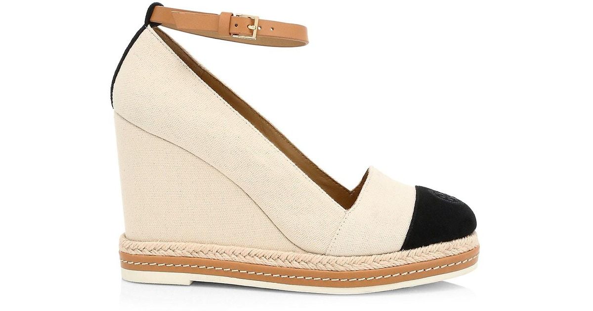Tory Burch Cap-toe Leather-trimmed Espadrille Wedges in Natural | Lyst