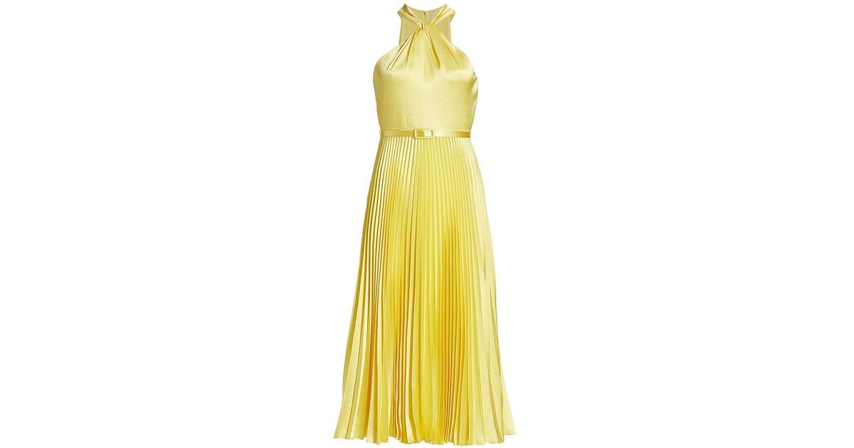 ML Monique Lhuillier Satin Halter Pleated Midi-dress in Yellow | Lyst