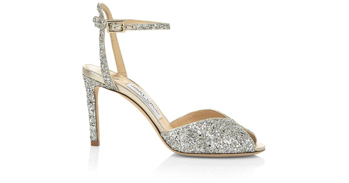 Jimmy Choo Leather Sacora Peep-toe Glitter Sandals in Champagne (Metallic) | Lyst