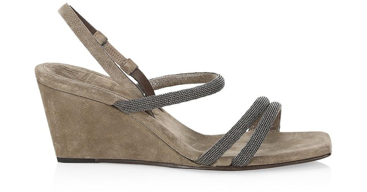 Brunello Cucinelli Monili-trimmed Suede Wedge Slingback Sandals - Lyst