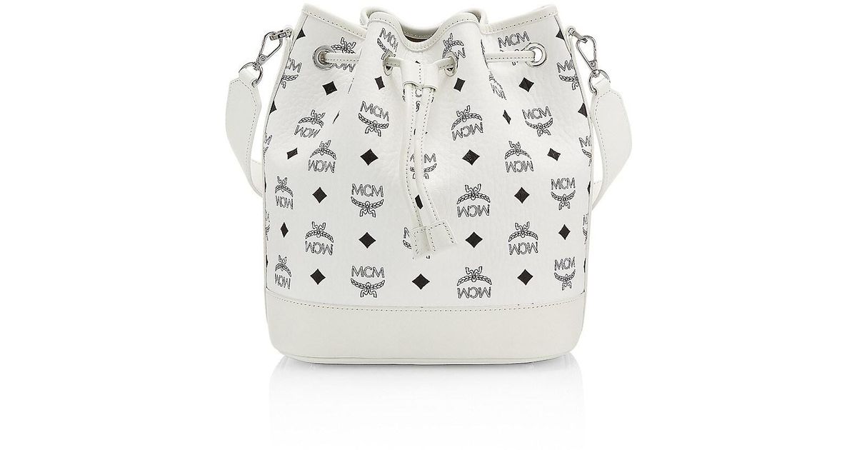 MCM Medium Dessau Visetos Coated Canvas Drawstring Bag in White Lyst