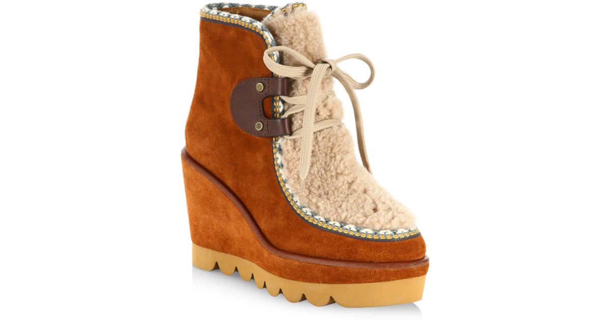 Klaudia Shearling \u0026 Suede Wedge Booties 
