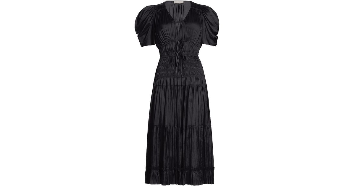 Ulla Johnson Daria Smocked V-neck Midi-dress in Black | Lyst