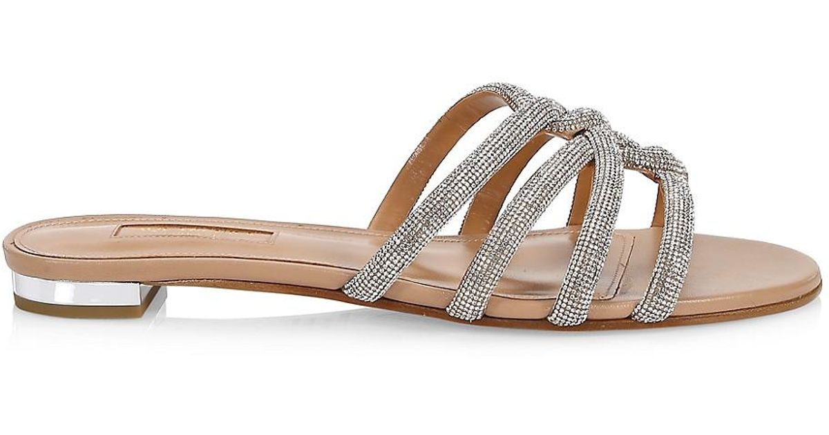 Aquazzura Moondust Crystal-embellished Leather Flat Sandals - Lyst