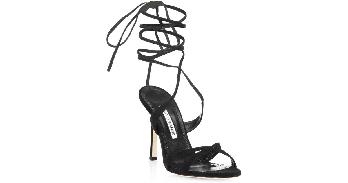 Manolo Blahnik Crisscross Suede Lace-up Sandals in Black - Lyst