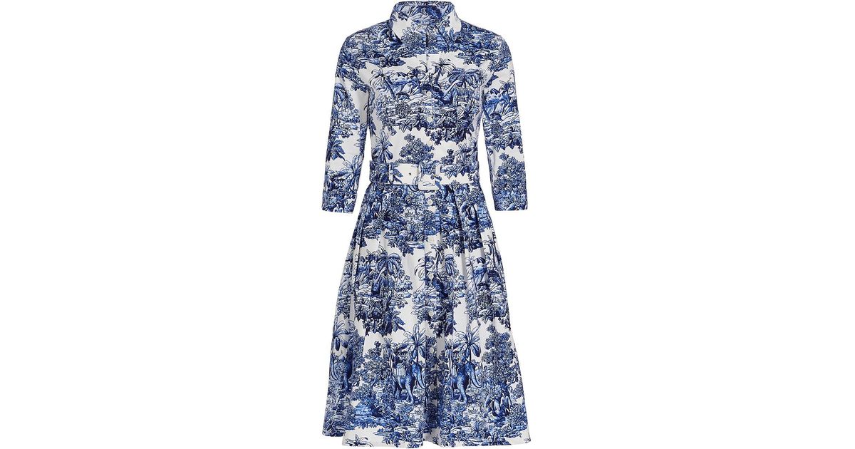 Samantha Sung Audrey Belted Toile Stretch-cotton Midi-dress in Blue | Lyst