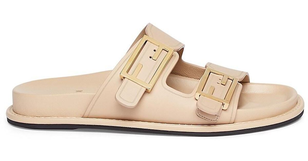 Fendi Feel Buckle Leather Slides in White Lyst