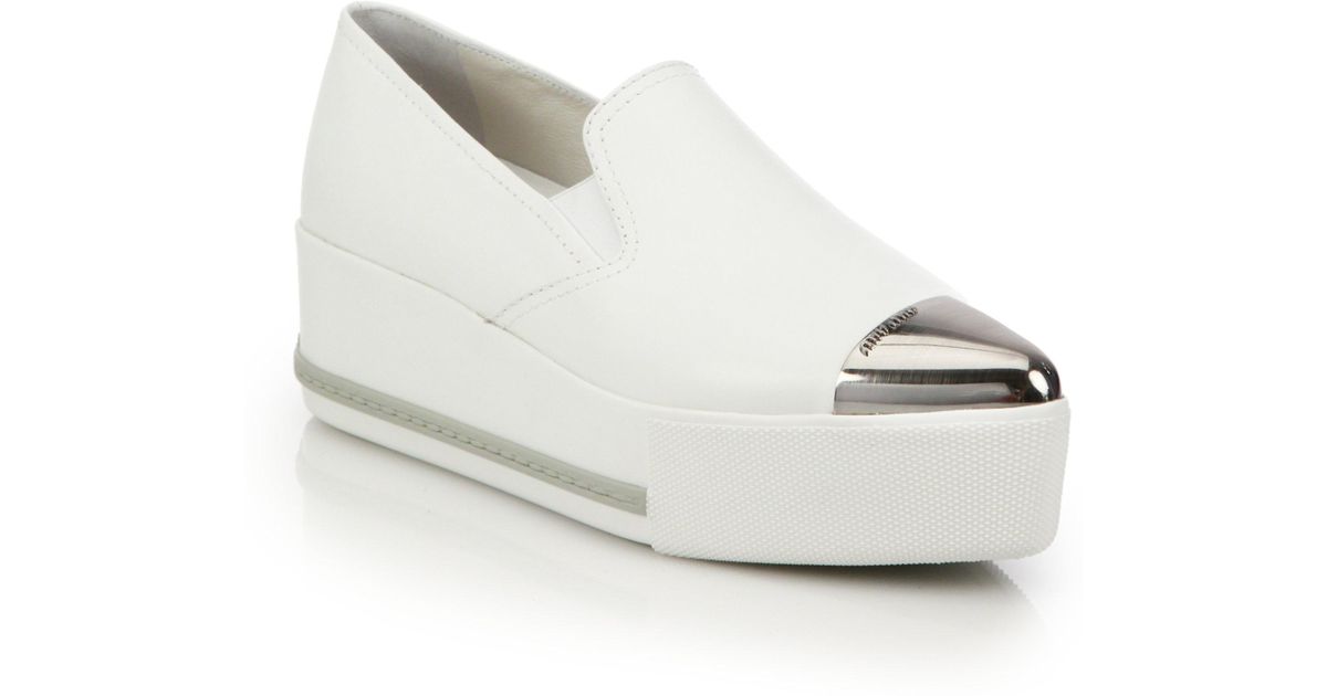Miu Miu Metallic Cap-toe Leather Platform Skate Sneakers in White | Lyst