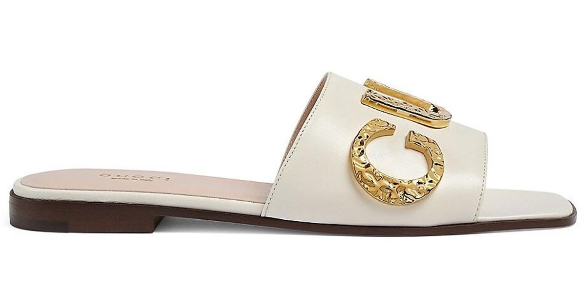 Gucci Cara Logo Leather Flat Slides in White Lyst