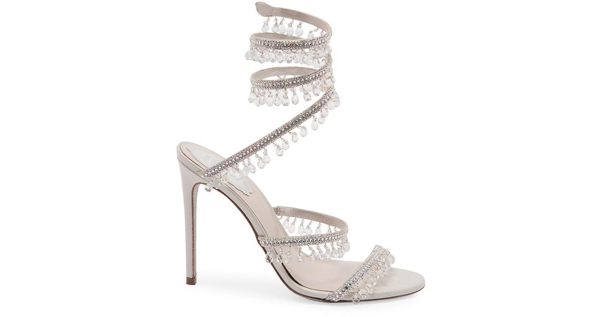 Rene Caovilla Cleo Chandelier Ankle-wrap Crystal-embellished Satin Sandals in Light Grey (Gray 