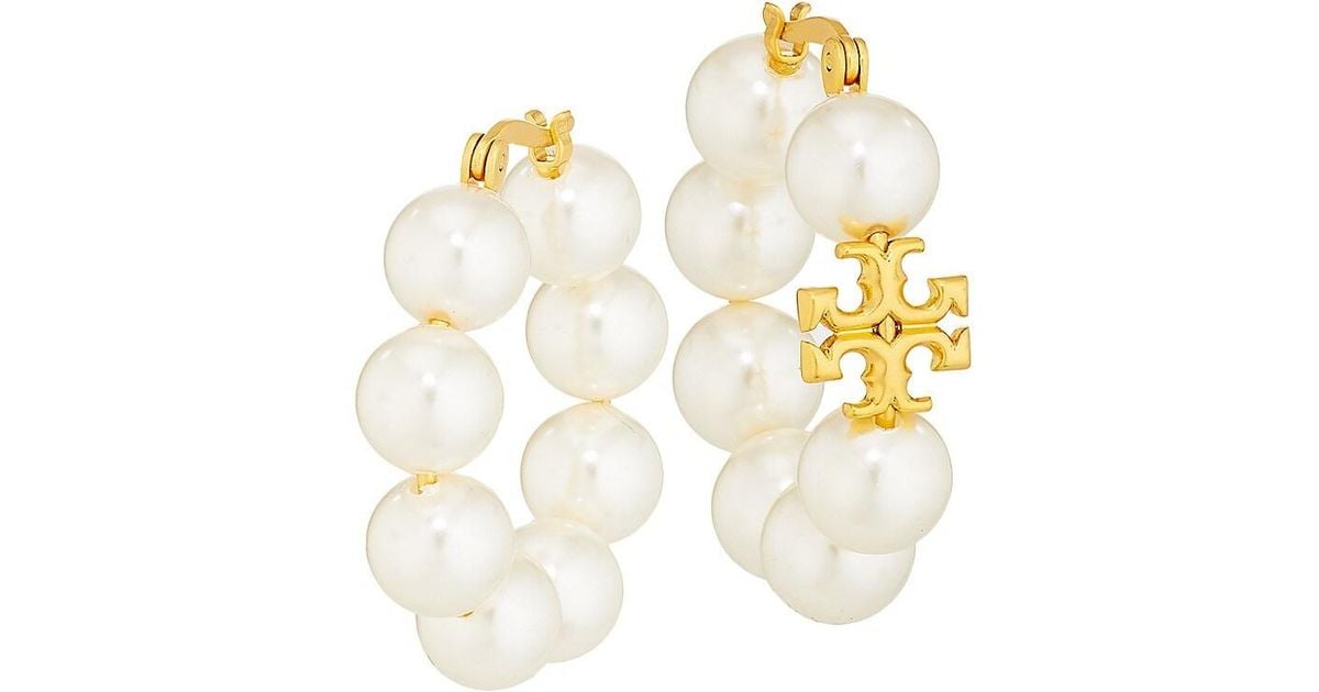 Tory Burch Kira 14k-gold-plated & Faux Pearl Hoop Earrings in White | Lyst