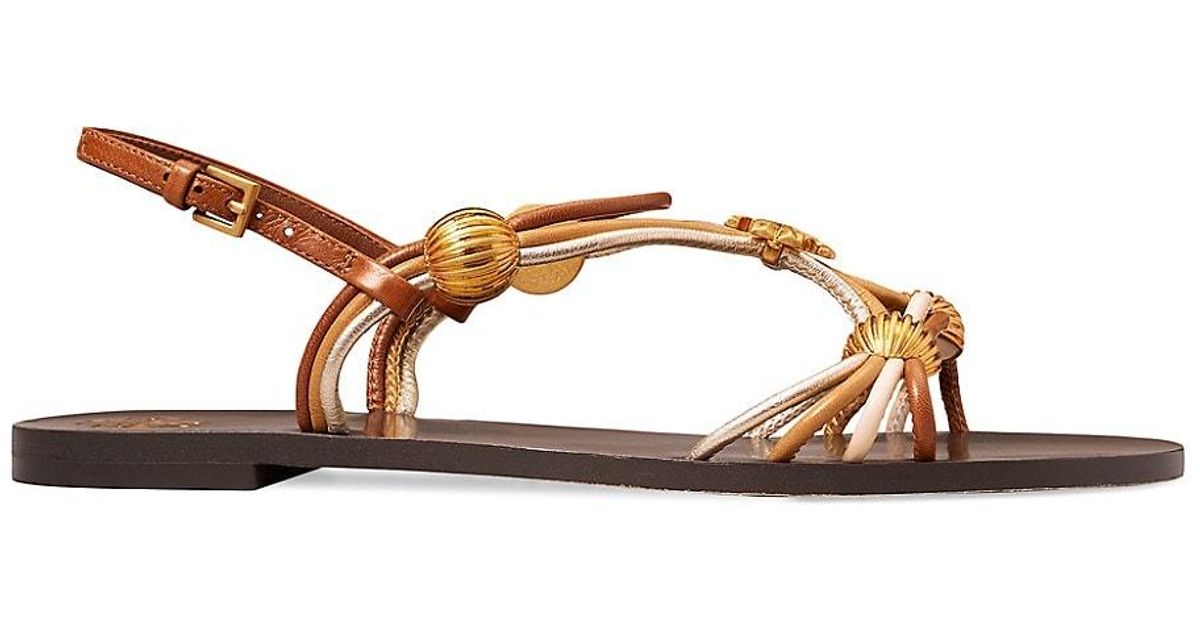 Tory Burch Capri Beaded Leather Multi-strap Sandals in Brown | Lyst