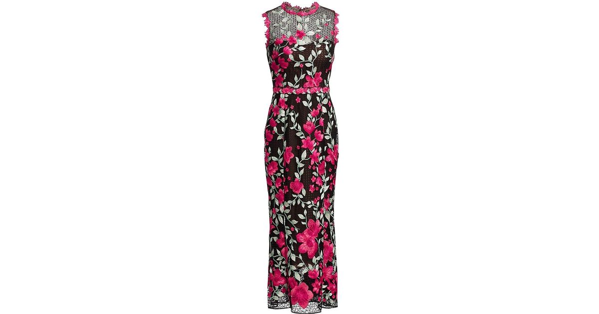 marchesa notte sleeveless multicolor embroidered guipure lace dress